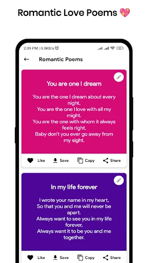 Romantic Love Poems collection featuring beautiful love messages with Like, Save, Copy, and Share options