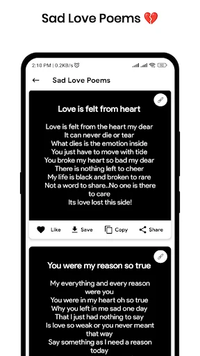 Sad Love Poems for heartbreak featuring poignant messages with Like, Save, Copy, and Share action buttons