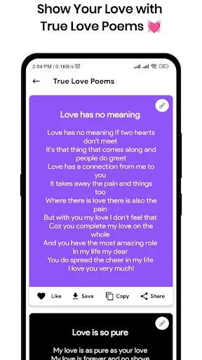 True Love Poems category displaying romantic verse 'Love has no meaning' with like, save, copy and share buttons below