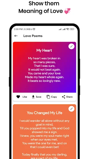 Love Poems app main interface showing 'My Heart' and 'You Changed My Life' poems with colorful backgrounds and controls