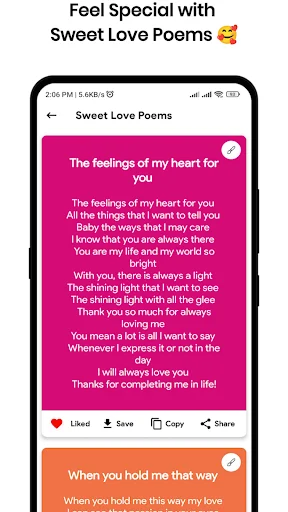Sweet Love Poems section displaying romantic messages with buttons to Like, Save, Copy, and Share with loved ones