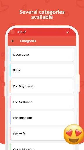 Love Quotes app categories menu displaying Deep Love, Flirty, For Boyfriend, For Girlfriend, For Husband, For Wife options