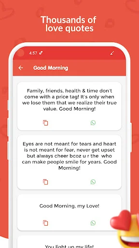 Good Morning love quotes collection in Love Quotes 2025 app with romantic messages and share buttons for WhatsApp