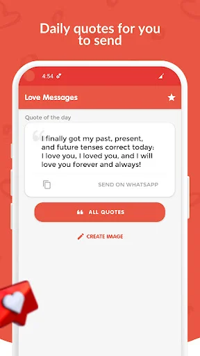 Daily love messages screen in Love Quotes 2025 app with quote of the day and WhatsApp sharing functionality