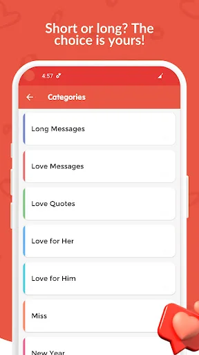 Love Quotes app categories including Long Messages, Love Messages, Love Quotes, Love for Her, Love for Him, Miss