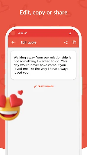 Edit quote feature in Love Quotes 2025 app allowing users to copy, share, and create images from romantic messages