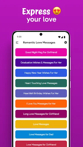 Romantic Love Messages app main menu with colorful category buttons for girlfriend, birthday wishes, and love texts