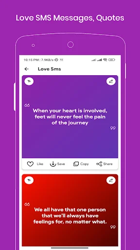 Love SMS messages and quotes screen with purple and red backgrounds featuring romantic relationship texts