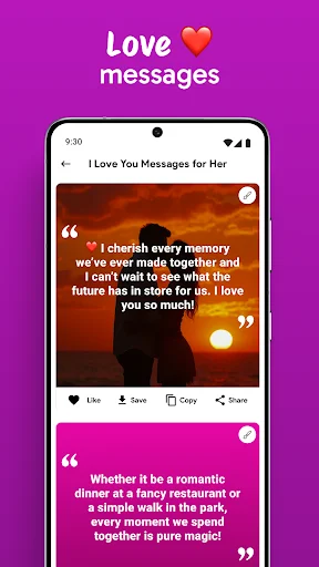 Love messages screen showing romantic quotes with heart backgrounds and social sharing options for couples