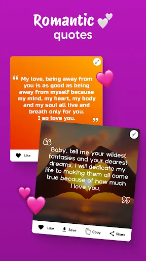 Romantic quotes collection with orange and dark backgrounds featuring love poems and share functionality