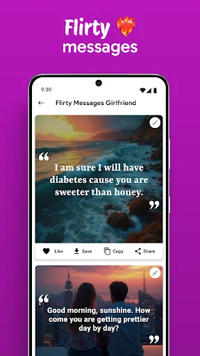 Flirty messages section displaying sweet romantic texts with scenic backgrounds and interaction buttons