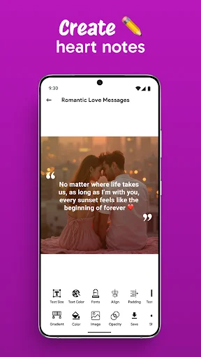 Create heart notes feature with romantic message overlay and text editing tools for personalized love messages