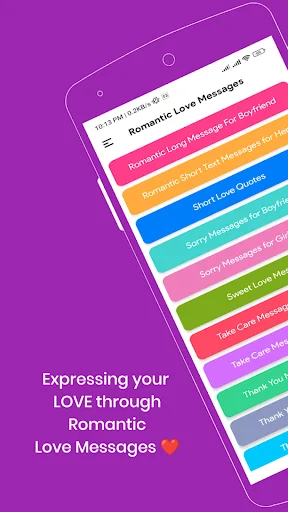 App overview showing colorful message categories for expressing love through romantic SMS and quotes