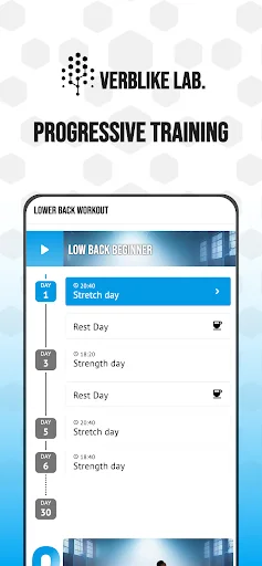 Low Back Workout app progressive training schedule showing daily strength, stretch, and rest days for structured pain relief.