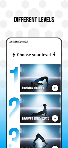 Low Back Workout app difficulty level selection screen with beginner, intermediate, and advanced workout options.