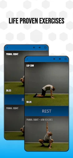 Low Back Workout app exercise library showing instructional moves including Primal Squat and Cat-Cow with video durations.