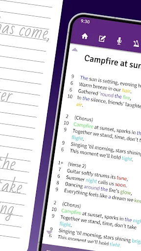 Lyrics Notepad app showing campfire song lyrics with numbered verses and chorus on mobile screen for songwriting
