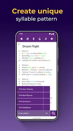 Syllable pattern creator for Dream Flight song showing exact rhymes and word finder tools for songwriters