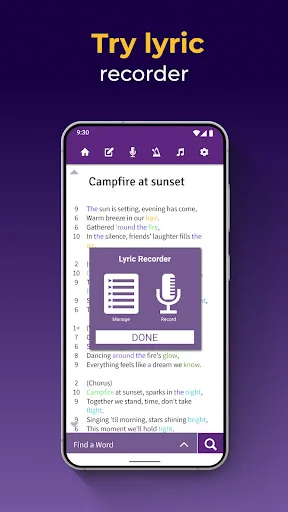 Lyric recorder interface with microphone for recording campfire song vocals and lyrics in mobile music app