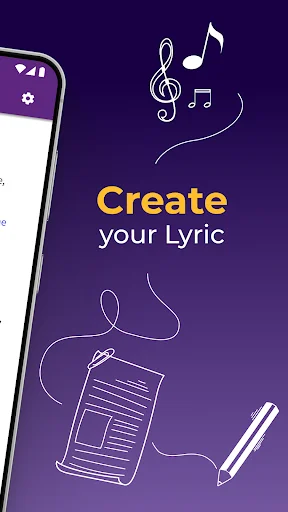 Create your Lyric screen in songwriting app with musical notes and notepad illustration on purple gradient background