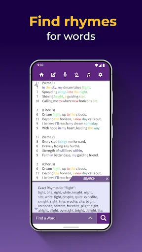 Find rhymes feature showing Dream Flight song lyrics with rhyme suggestions and search tool for songwriters