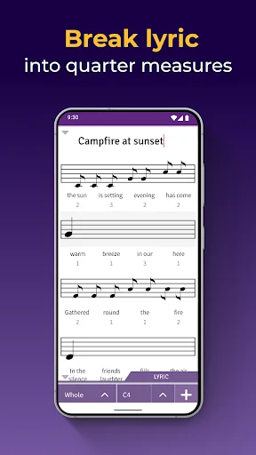 Break lyric into quarter measures screen displaying musical notation with lyrics aligned to beats for composers