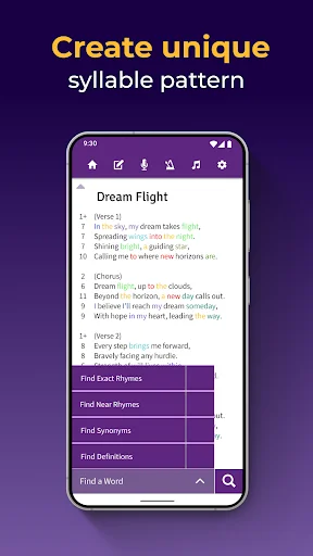 Create unique syllable pattern interface showing Dream Flight lyrics with rhyme finder tools for song composition