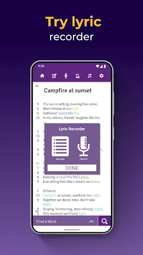Try lyric recorder feature with purple microphone icon and DONE button for recording song lyrics and vocals