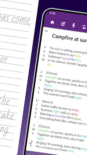 Lyrics Notepad campfire song editor displaying numbered verses with chorus sections for mobile songwriting app