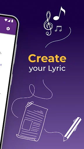 Songwriting app home screen with Create your Lyric text and musical notepad graphics on purple background