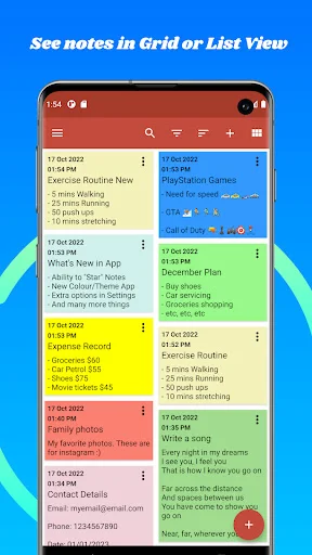 Memo sticky notes app showing grid and list view with colorful notes organized by date, featuring search and add buttons
