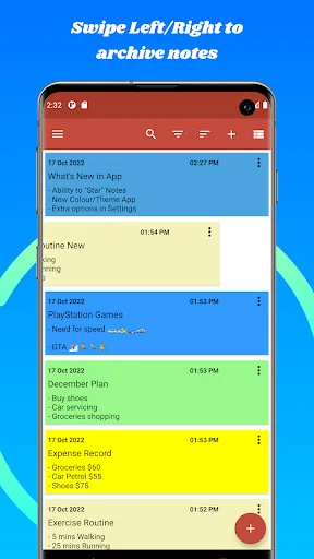 Swipe left or right to archive notes gesture in colorful sticky notes list view with timestamps