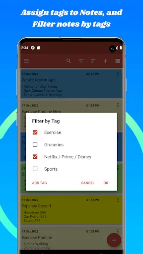 Filter notes by tags feature showing exercise and Netflix categories in Memo Sticky Notes Writer app