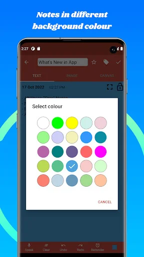 Color picker interface in Memo app allowing users to select from 25 different background colors for customizing sticky notes