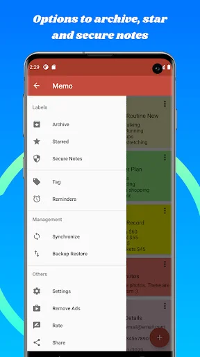 Memo app navigation menu displaying options to archive, star, secure notes, add tags, reminders, and sync across devices