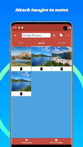 Image attachment feature in Memo app showing holiday pictures gallery with landscape photos added to sticky notes
