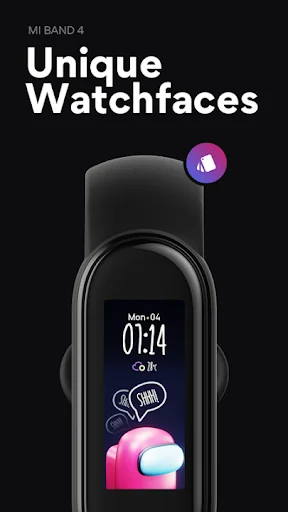 Mi Band 4 watchface app showing unique customizable watch faces with colorful design displaying time 07:14 on fitness tracker