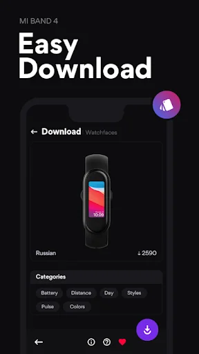 Easy download interface for Mi Band 4 watchfaces with categories filter including Battery, Distance, Day, Styles options