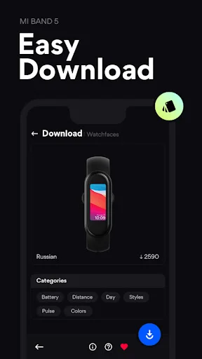 Easy download screen for Mi Band 5 watchfaces showing red-blue design with categories like Battery, Distance, Day, Styles