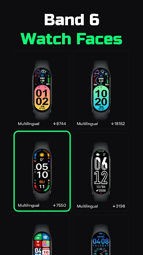 Band 6 Watch Faces app home screen showing 6 colorful multilingual watch face designs with time, date and download counts