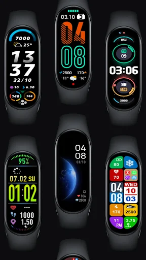 Collection of 6 diverse Band 6 watch faces displaying various themes, colors and layouts with time, weather and fitness data