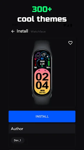 Watch face installation screen showing gradient design with install button and 300+ cool themes promotion for Band 6