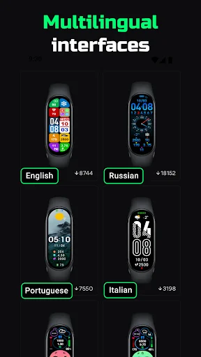 Multilingual interface selection showing Band 6 watch faces in English, Russian, Portuguese and Italian languages