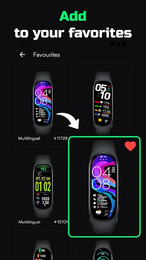 Favorites section showing Band 6 watch faces with heart icon to add colorful designs to personal collection