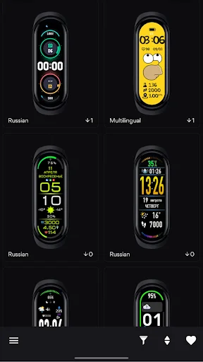 Band 6 watch face gallery with Russian language options and cartoon character theme including Homer Simpson design