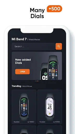 Mi Smart Band 7 Watch Faces app home screen showing 500+ custom dials with search bar and trending watchfaces collection