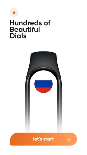 Mi Smart Band 7 watch faces app welcome screen featuring Russian flag dial design and 'let's start' button for setup