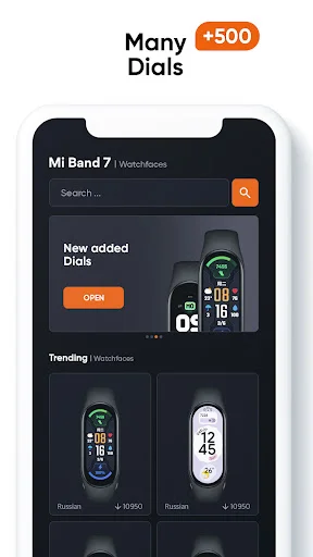 Mi Smart Band 7 Watch Faces main interface displaying 500+ personalized dials with new additions and trending options