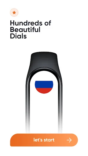 Mi Band 7 watch faces app intro screen with Russian flag watchface design and start button for personalization setup