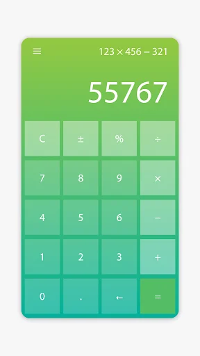 Minimal Calculator app green gradient theme displaying result 55767 with full numeric keypad and mathematical operators